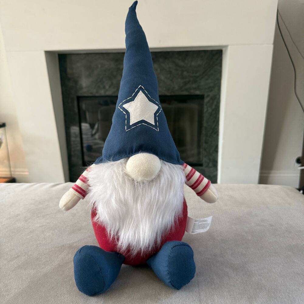 Plush Gnome 17” Blue Star Hat Red White Striped Decorative Shelf Sitter